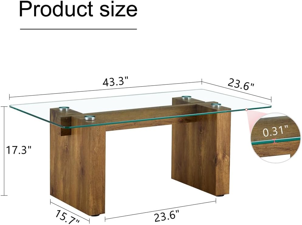 Wood Coffee Table, Coffee Table with Tempered Glass Top, Coffee Table with MDF Crossbar and Base