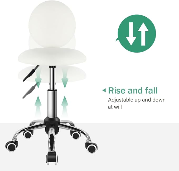 Mini Round Rolling Stool with Back Height Adjustable Stool on Wheels for Spa Salon Massage White