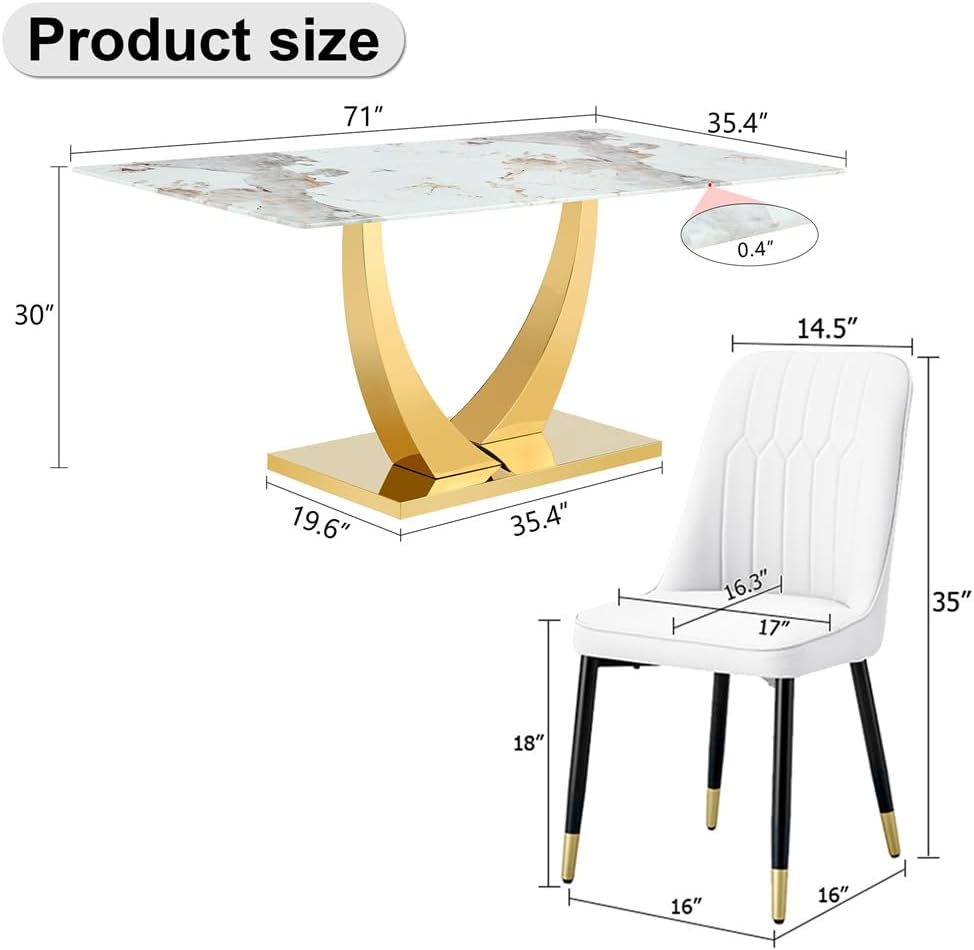 Dining Table Set for 6, 7 Pieces Rectangle Faux Marble Dining Table Set & 6 PU Upholstered Chairs