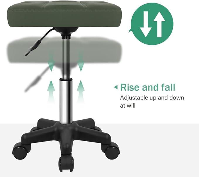 Rectangle Rolling Stool with Wheels Height Adjustable Swivel Stool Chair for Spa Salon Massage Green