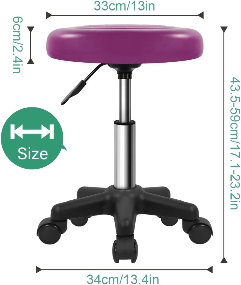 Round Swivel Stool with Wheels PU Leahter Rolling Stool Height Adjustable Stool for Spa Salon Massage Purple