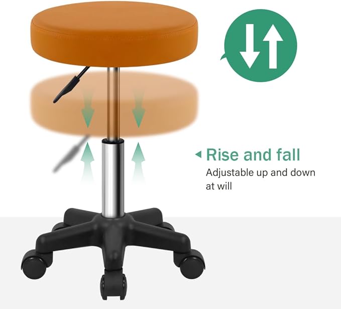 Round Rolling Stool Height Adjustable Stool with Wheels for Spa Salon Massage Pale Brown