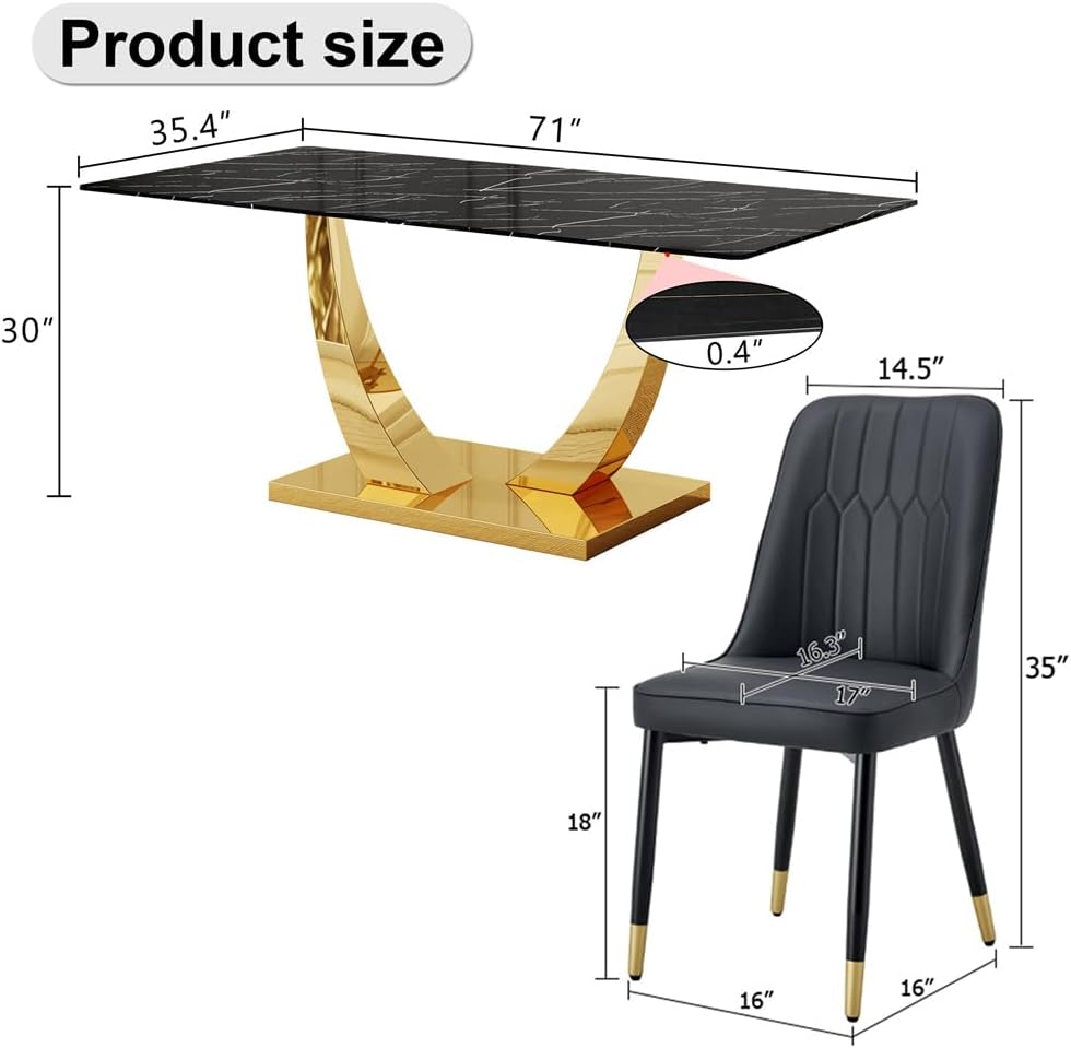 71" Dining Table Set for 8, Modern Faux Marble Dining Room Table Top with Metal U-Shaped Leg and Base