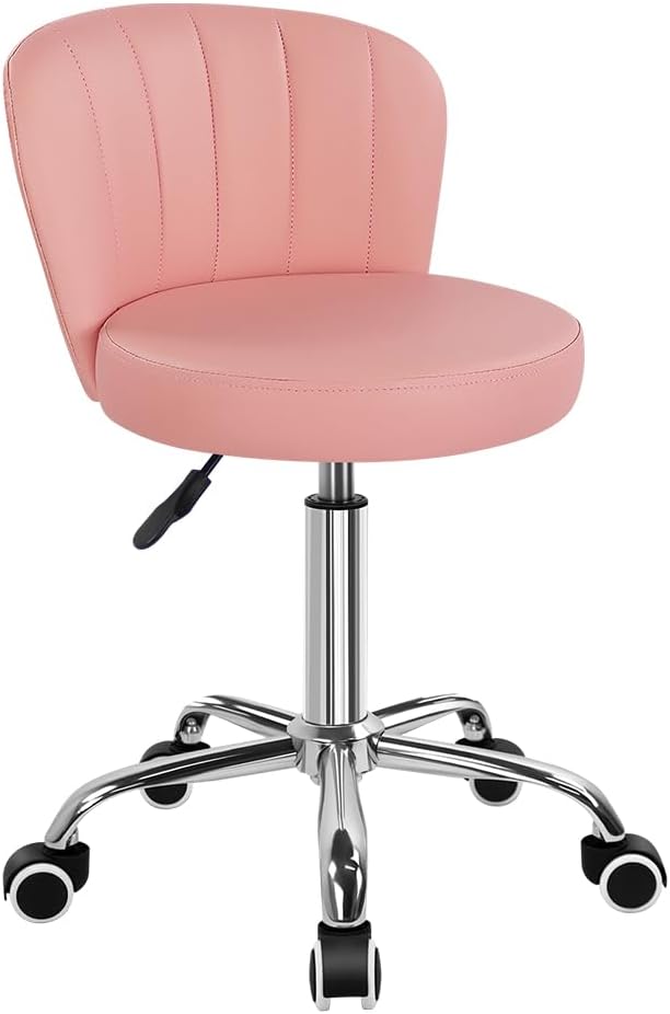 Pink Rolling Stool with Back Height Adjustable Drafting Chair for Salon Spa