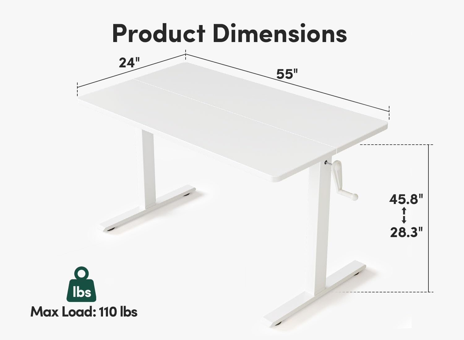 Crank Height Adjustable Desk, 55 Inches Manual Standing Desk, Writing Table with Handle