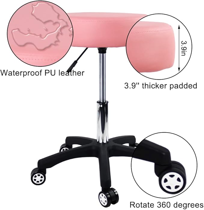 Big Rolling Stool with Silent Wheels for Salon Massage Spa Round Thickening Cushions Shop Stool(Pink)