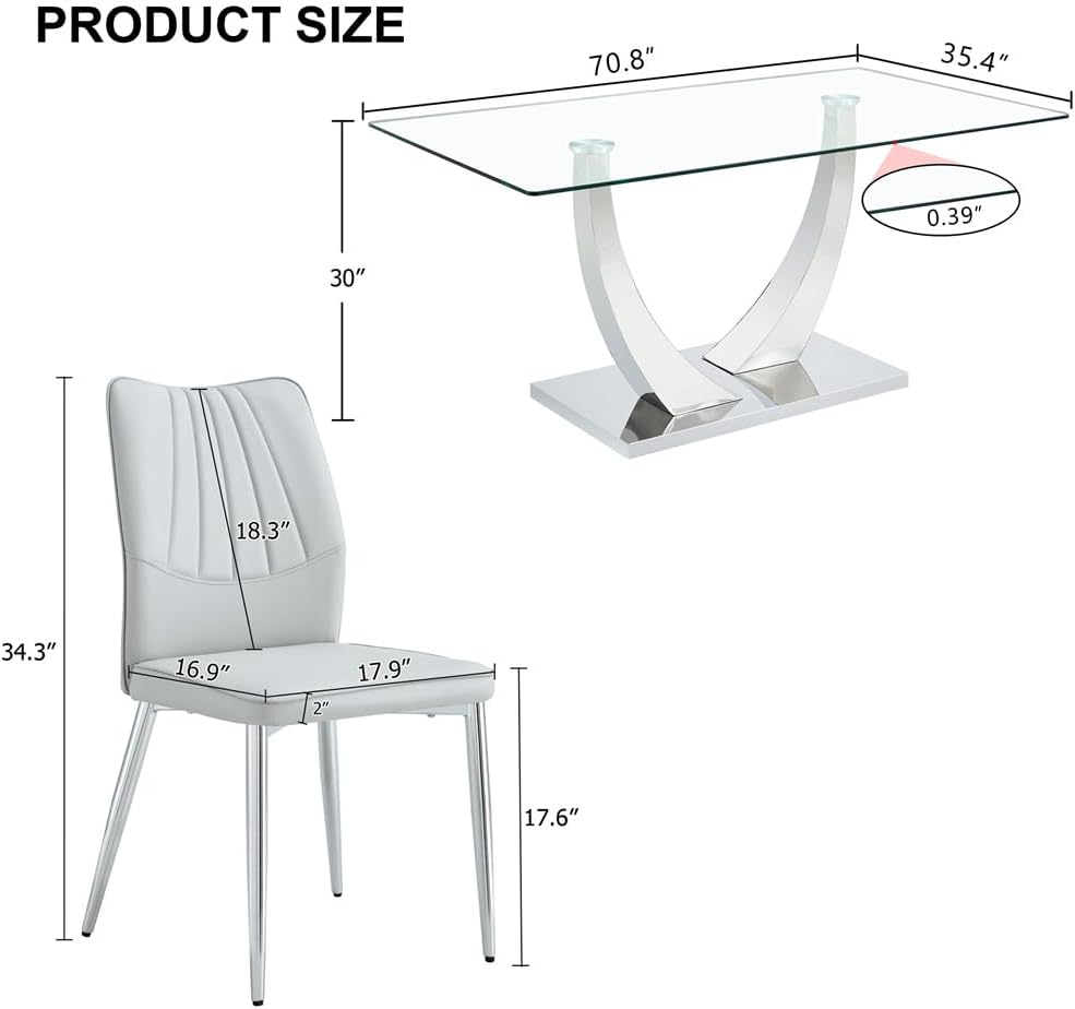 71'' Glass Dining Table Set for 6,Tempered Glass Tabletop and Stainless Steel U-shaped Leg and Base
