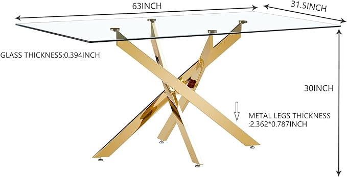 63" Rectangular Glass Dining Table with 0.39-Inch Clear Tempered Glass and 4 Chrome Legs