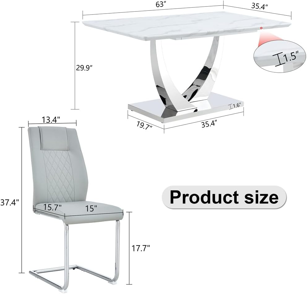 63" White Dining Table Set for 4, Faux Marble Dining Room Table with Stainless Steel Leg and Base