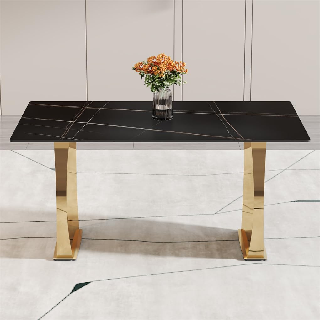 63" Sintered Stone Dining Table, Sintered Stone Table Top and Metal Leg