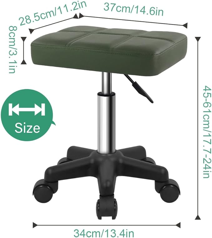 Rectangle Rolling Stool with Wheels Height Adjustable Swivel Stool Chair for Spa Salon Massage Green