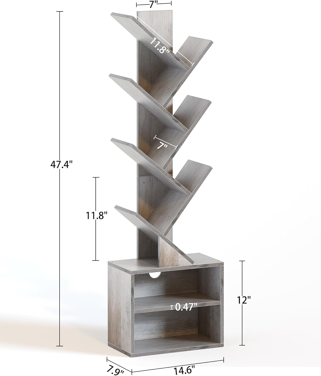 6 Tier Tree Bookshelf, Tall Bookcase with Storage Cabinet, Modern Narrow Bookshelves Organizer