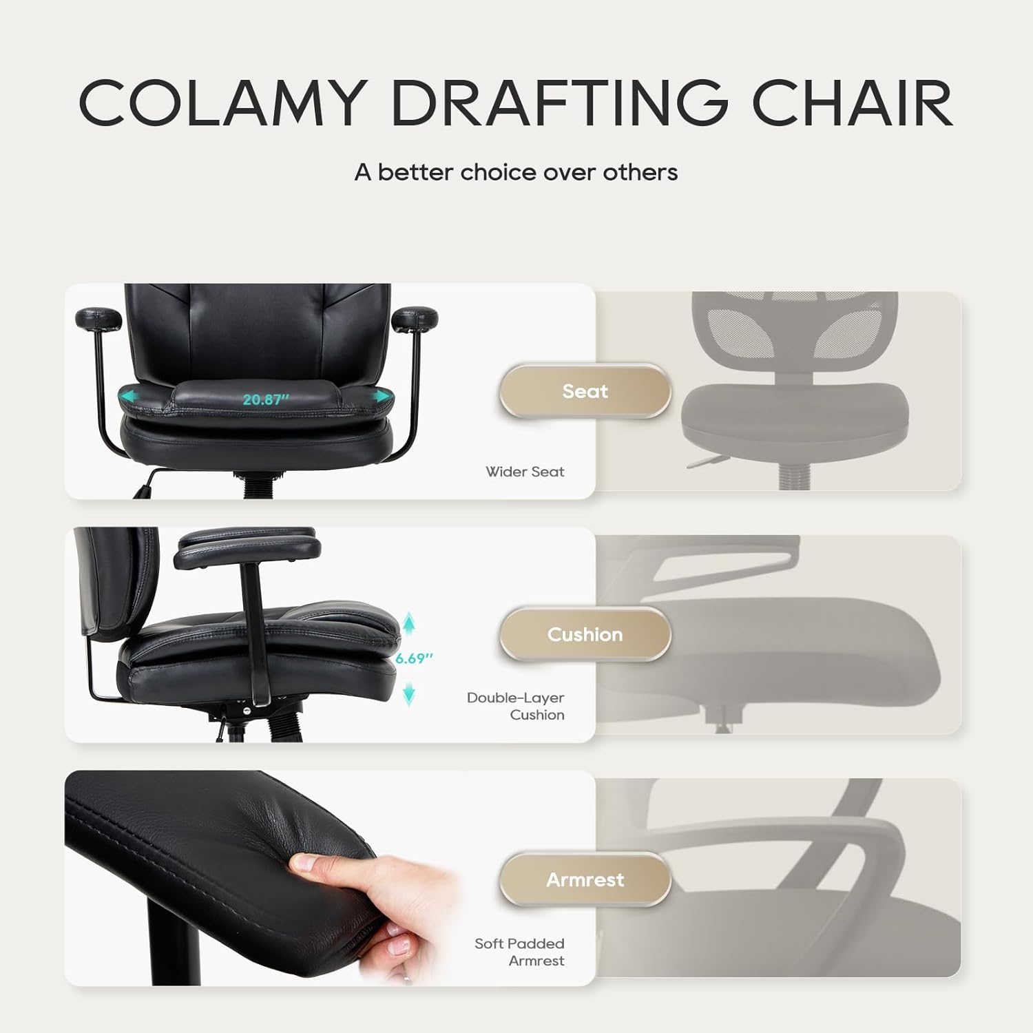 Leather Drafting Chair-Tall Office Chair 275lbs, Standing Desk Chair with Adjustable Footrest Ring, High Office Counter Height Desk Chair Black