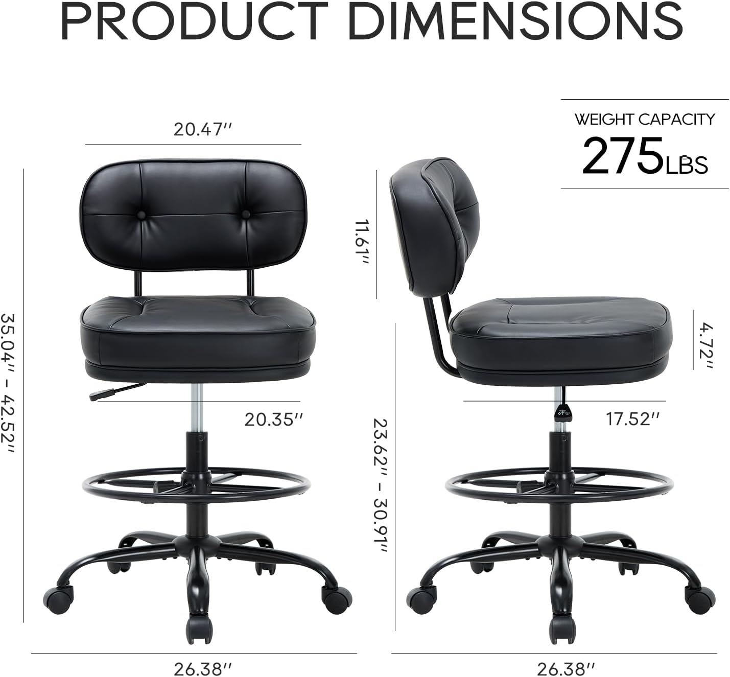 Drafting Chair-Tall Office Chair 275lbs, Standing Desk Chair with Adjustable Footrest Ring, Wide Seat, Thick Cushion and Back