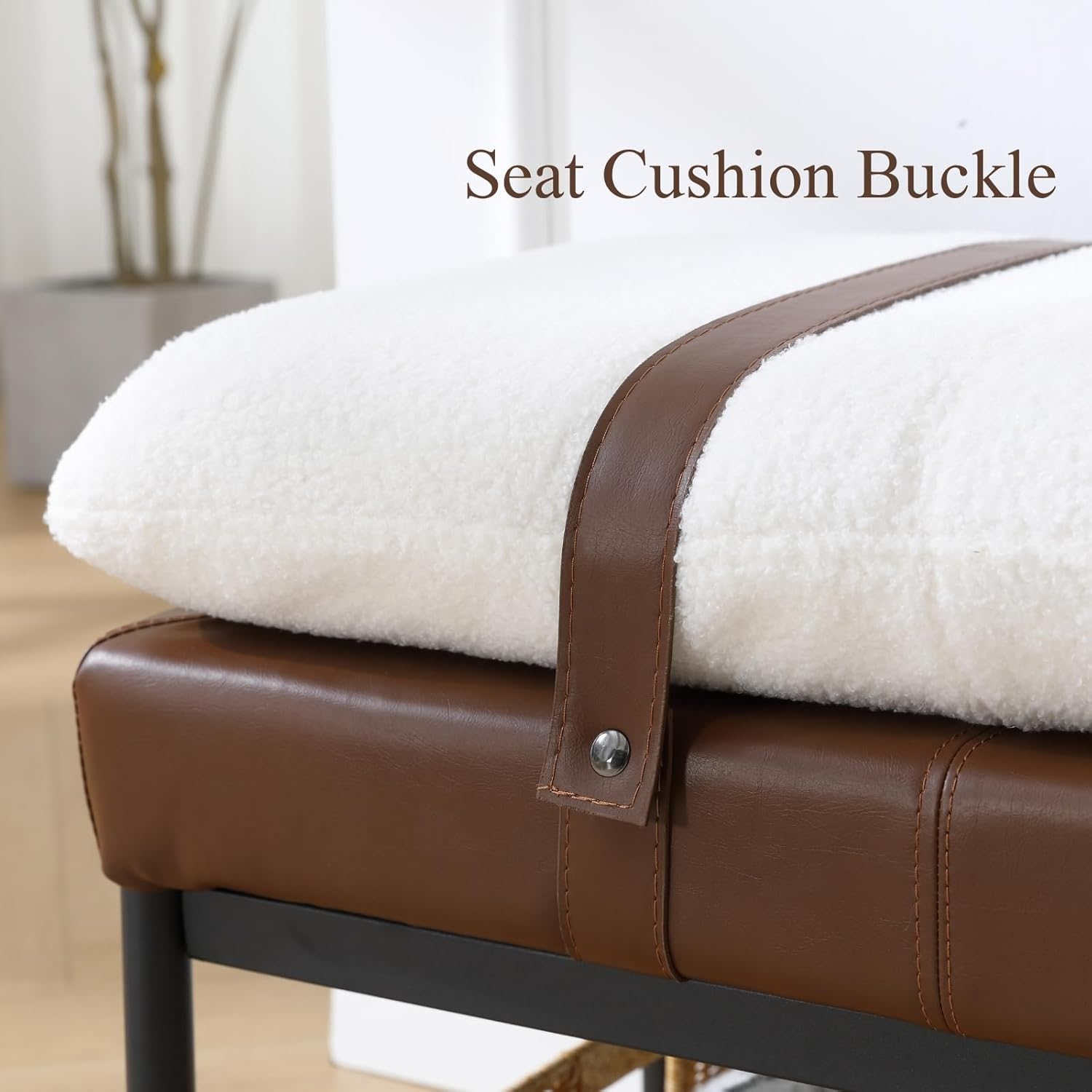 Industrial Modern Sherpa Rectangle Ottoman Bench with PU Strap and Metal Legs