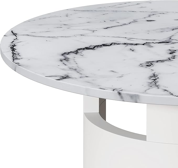 42.12" White Round Dinning Table Printed Marble MDF Table Top Hollow Cylindrical Base Pedestal Table