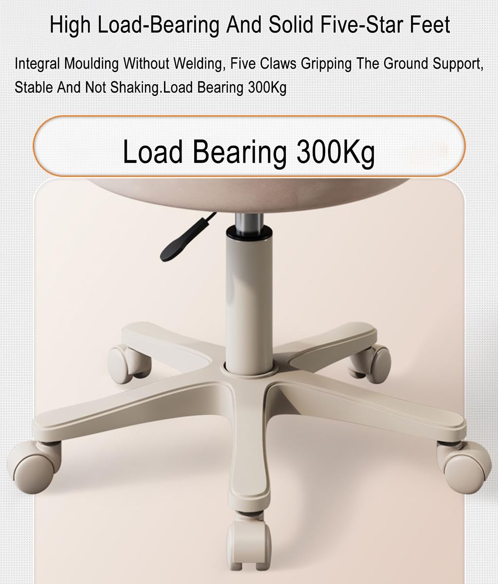 Round Rolling Stool with Back Support, Heavy Duty PU Leather Height Adjustable Swivel Stool Chair