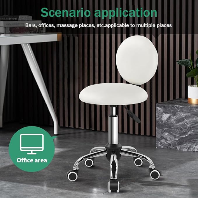 Mini Round Rolling Stool with Back Height Adjustable Stool on Wheels for Spa Salon Massage White