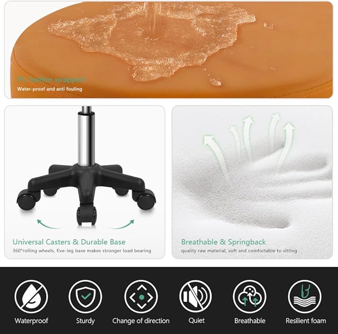 Round Rolling Stool Height Adjustable Stool with Wheels for Spa Salon Massage Pale Brown