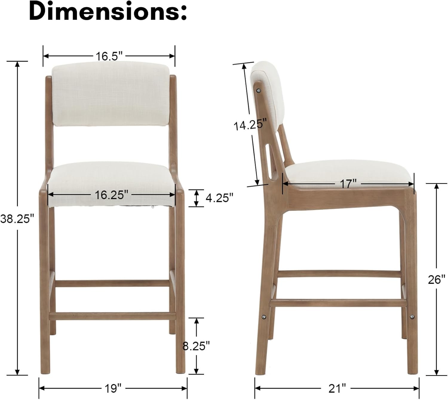 Linen Counter Height Stools Set of 2, 26" Seat Height Low Bar Stools with Natural Color Solid Wood Legs