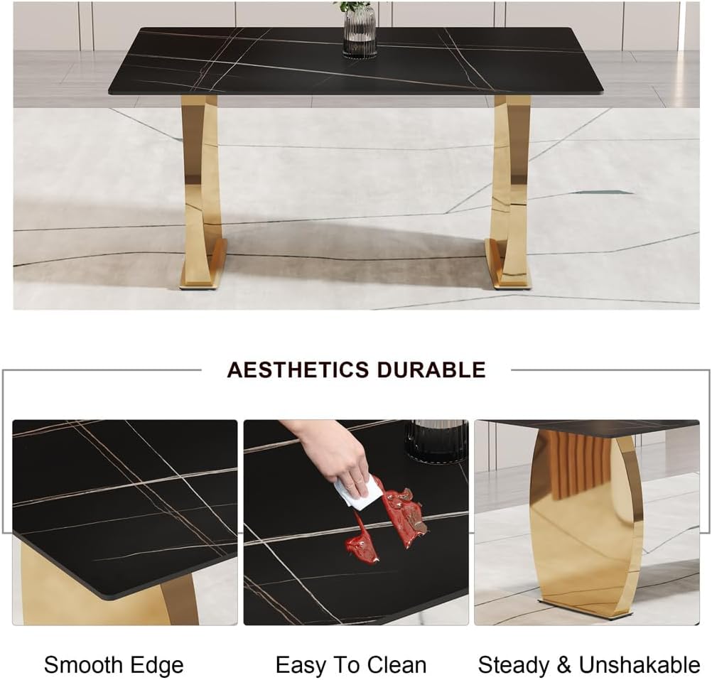 63" Sintered Stone Dining Table, Sintered Stone Table Top and Metal Leg