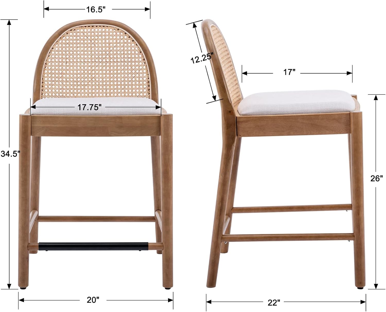 Modern Beige Rattan Counter Stools Set of 2, 26 Inch Height