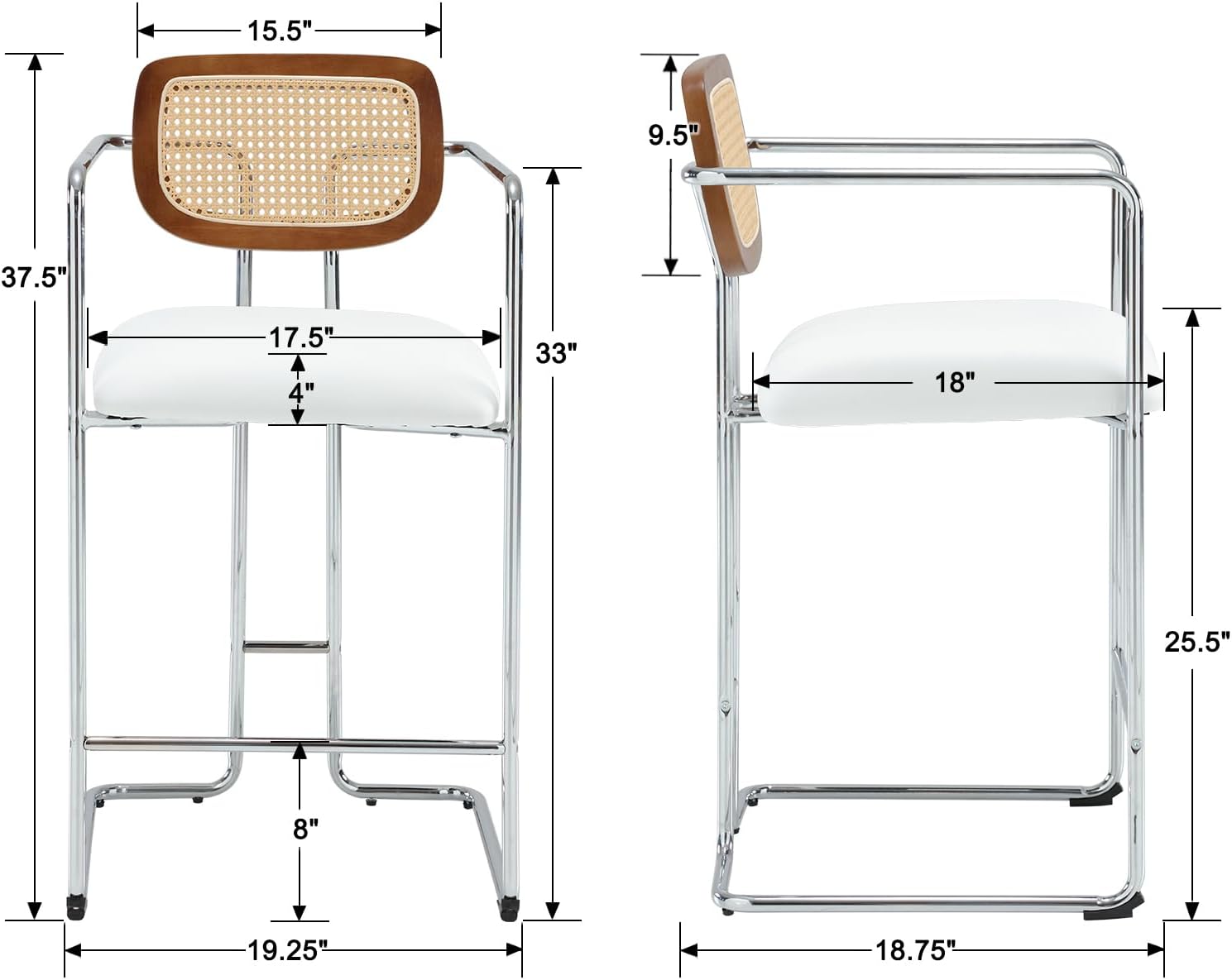 Mid-Century Modern Bar Stools Set of 2, 26" Counter Height Stools with Rattan Back