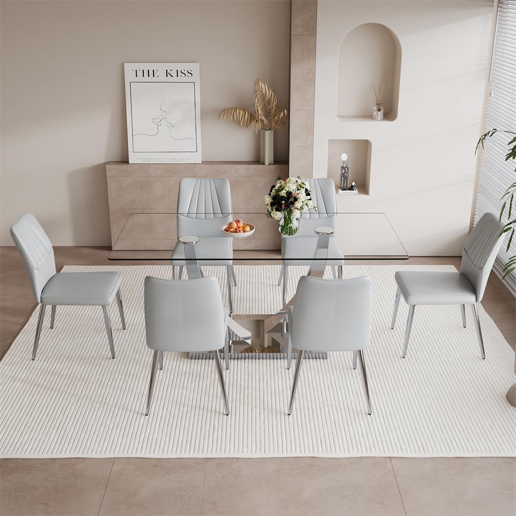 71'' Glass Dining Table Set for 6,Tempered Glass Tabletop and Stainless Steel U-shaped Leg and Base
