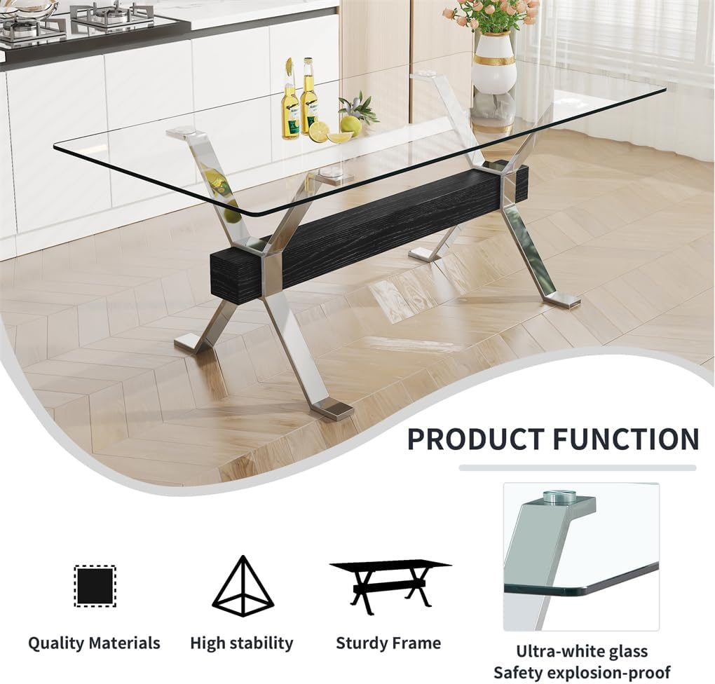 79" Glass Dining Table, Tempered Glass Tabletop + Metal Leg + MDF Crossbars