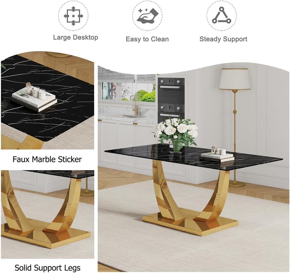 71" Dining Table Set for 8, Modern Faux Marble Dining Room Table Top with Metal U-Shaped Leg and Base