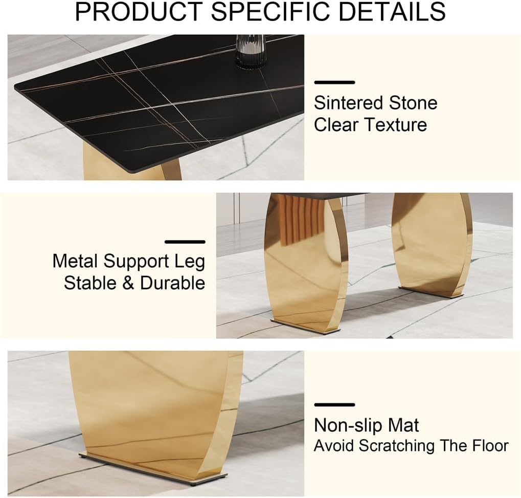 63" Sintered Stone Dining Table, Sintered Stone Table Top and Metal Leg