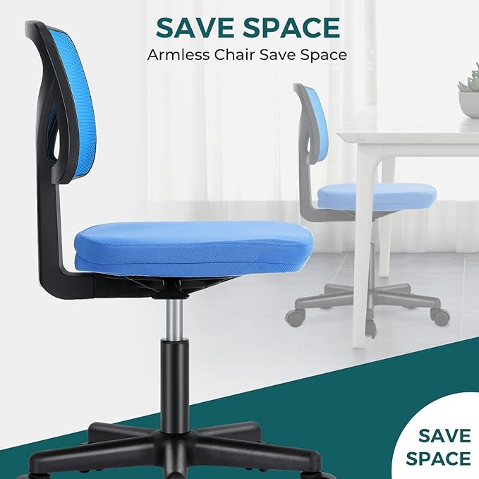 Armless Desk Chairs with Wheels Cute Home Office Chair No Arms, Ergonomic Adjustable Swivel Rolling Task Chair