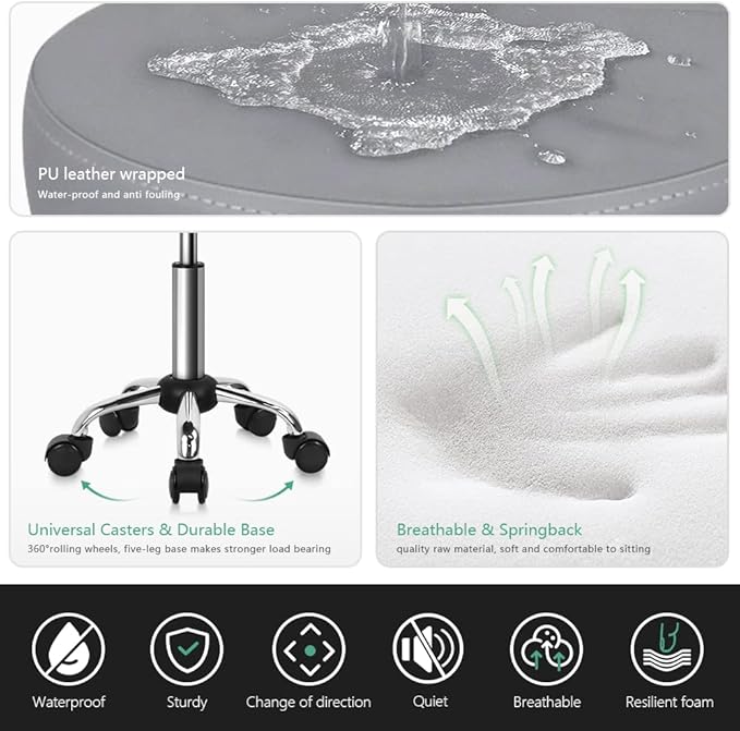 Adjustable Salon Chair Small Rolling Stool with Wheels for Spa Salon Massage Home Office Grey