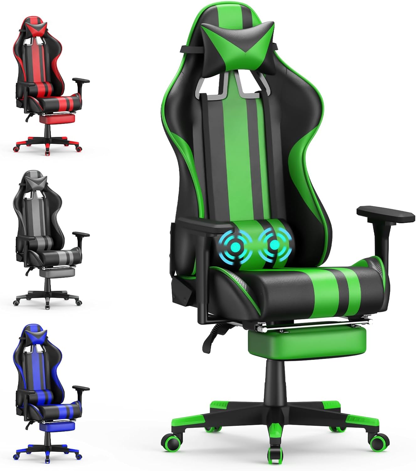 Green Gaming Chair with Footrest, Leather Ergonomic Gaming Chairs for Adults