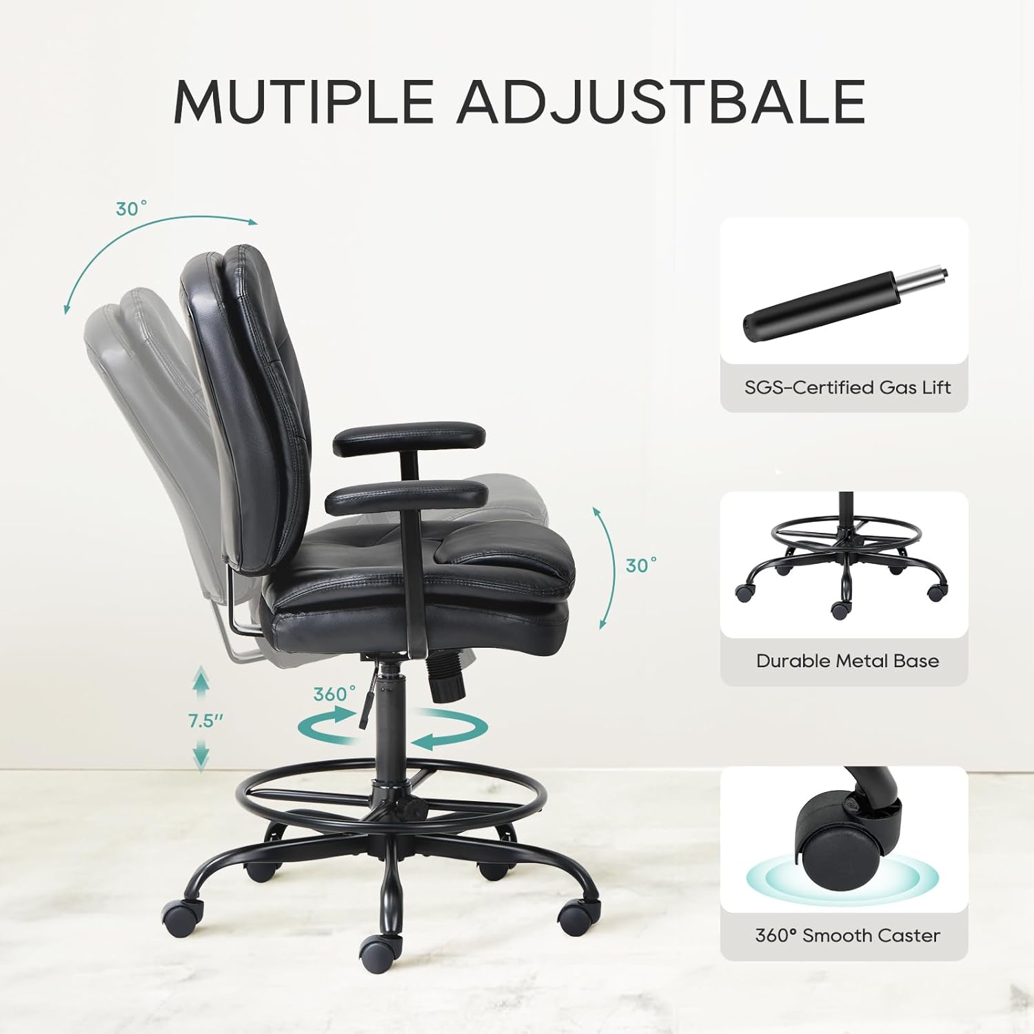 Leather Drafting Chair-Tall Office Chair 275lbs, Standing Desk Chair with Adjustable Footrest Ring, High Office Counter Height Desk Chair Black