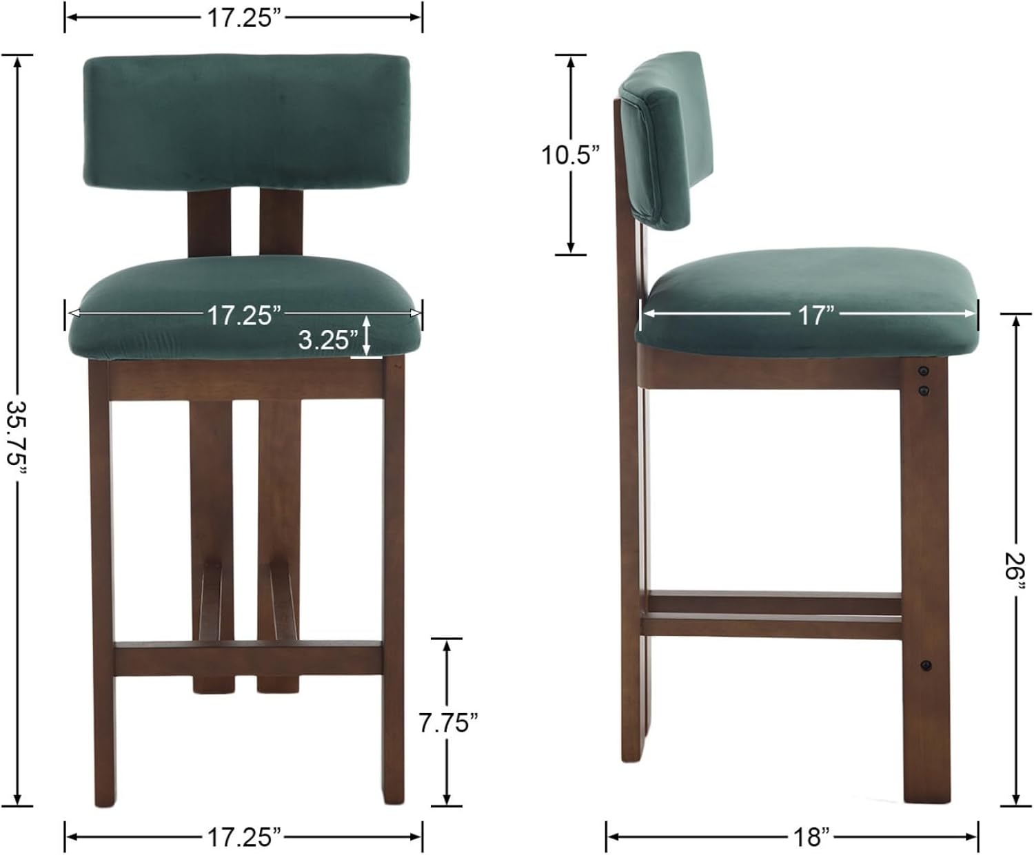 Modern Bar Stools Set of 2, 26'' Counter Height Bar Stools with Back & Solid Wood Legs