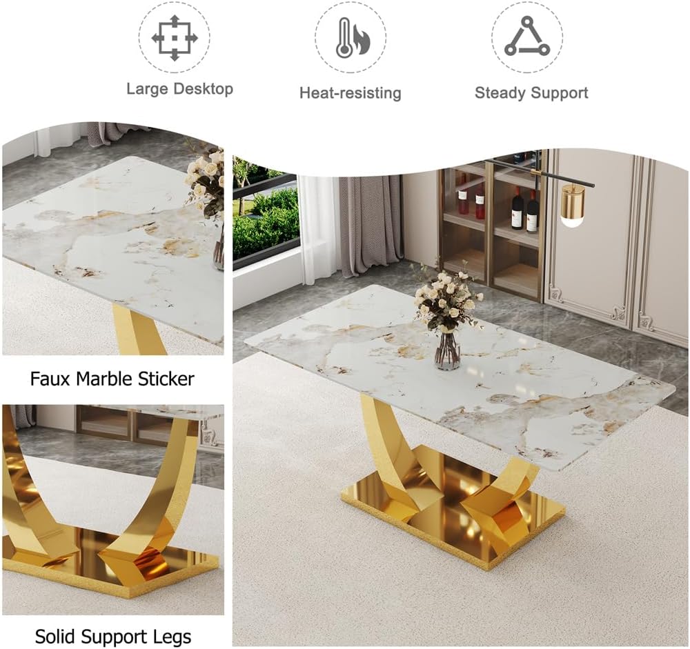 Dining Table Set for 6, 7 Pieces Rectangle Faux Marble Dining Table Set & 6 PU Upholstered Chairs