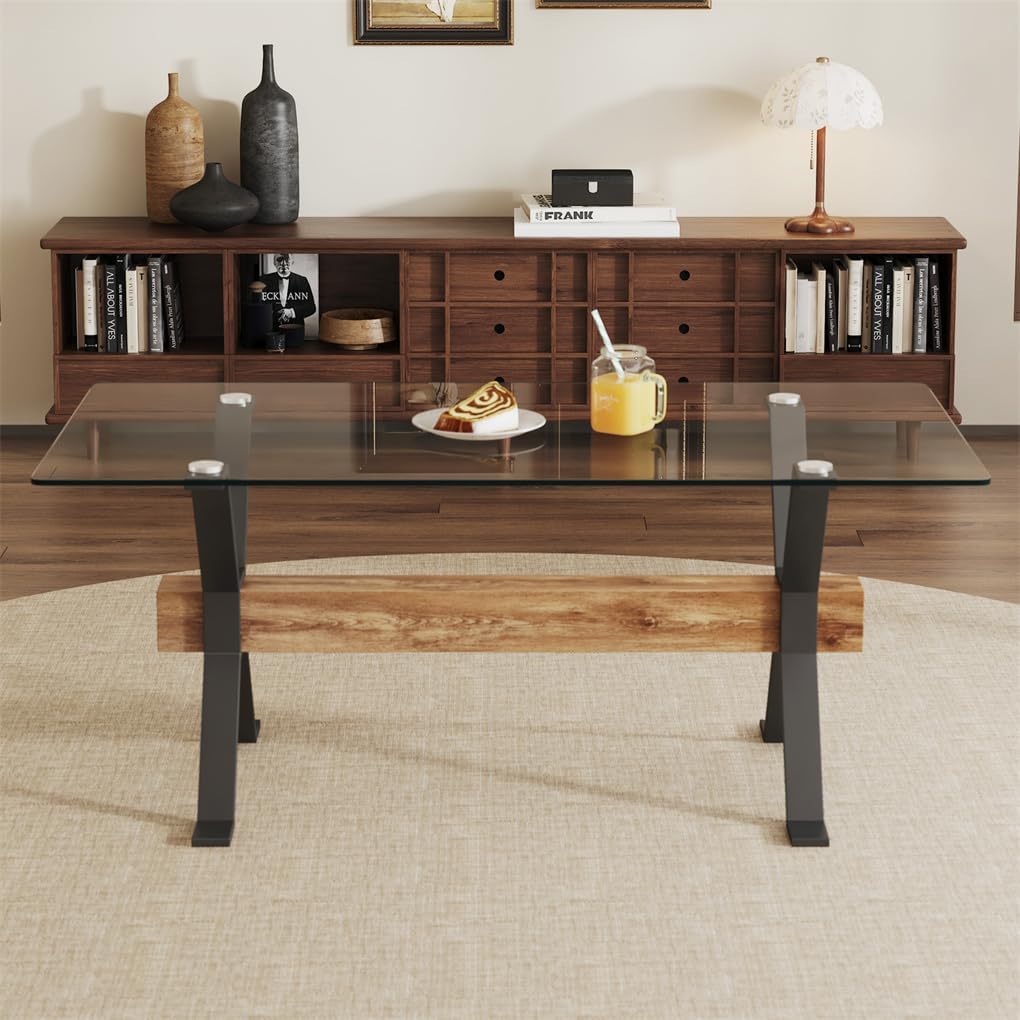 71" Glass Dining Table, Tempered Glass Tabletop + Metal Leg + MDF Crossbars