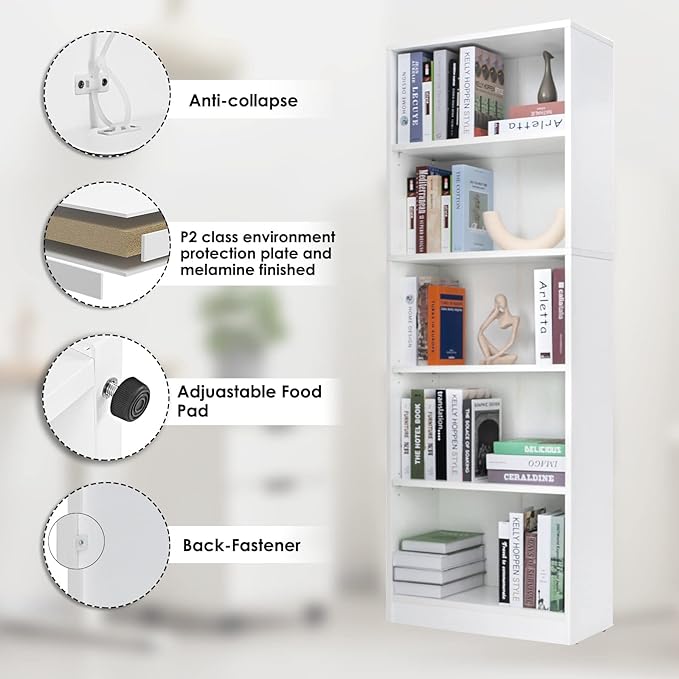 5 Shelf Wood Bookcase Freestanding Display Shelf