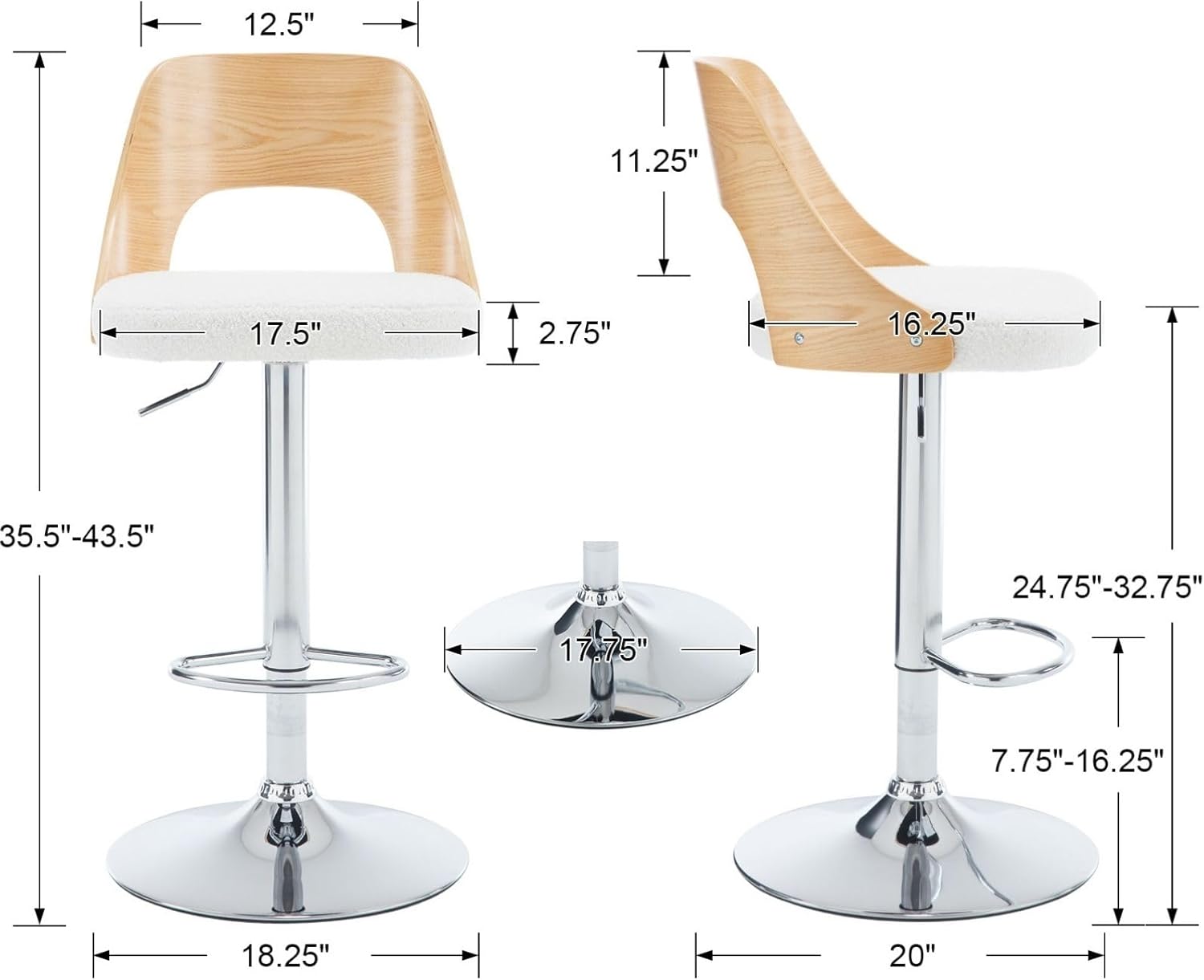 Swivel Bar Stools Set of 2, Adjustable Counter Height Barstools with Back, Sherpa Upholstered Barstool