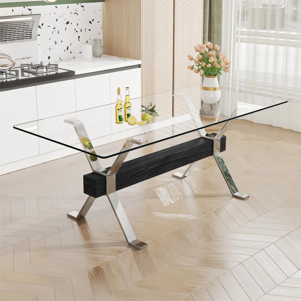 79" Glass Dining Table, Tempered Glass Tabletop + Metal Leg + MDF Crossbars