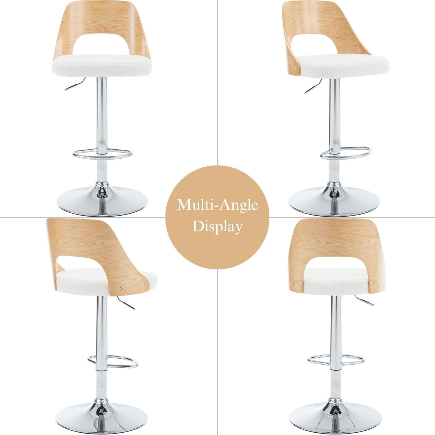 Swivel Bar Stools Set of 2, Adjustable Counter Height Barstools with Back, Sherpa Upholstered Barstool