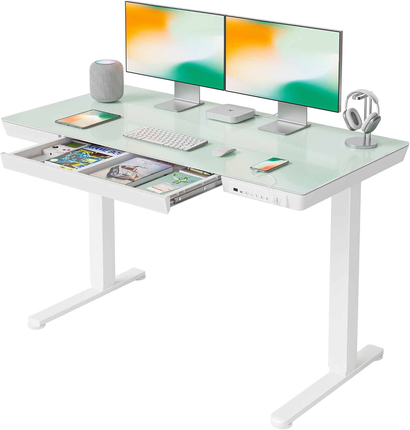 48 × 24 Electric Standing Desk with Drawers, Whole-Piece Glass Adjustable Height Desk
