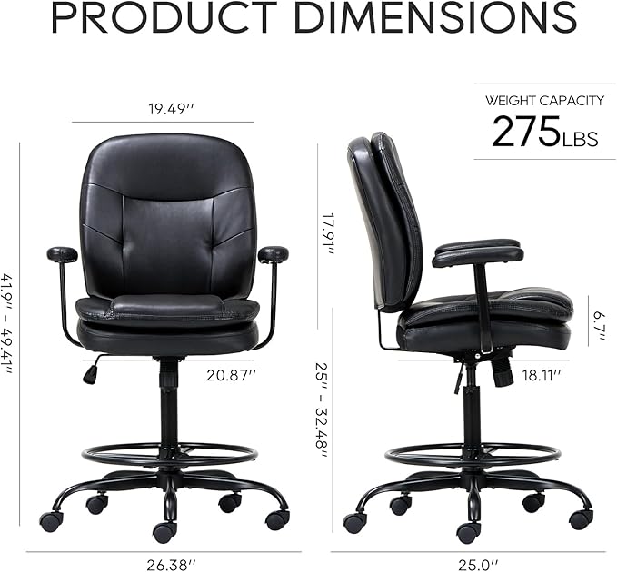 Leather Drafting Chair-Tall Office Chair 275lbs, Standing Desk Chair with Adjustable Footrest Ring, High Office Counter Height Desk Chair Black