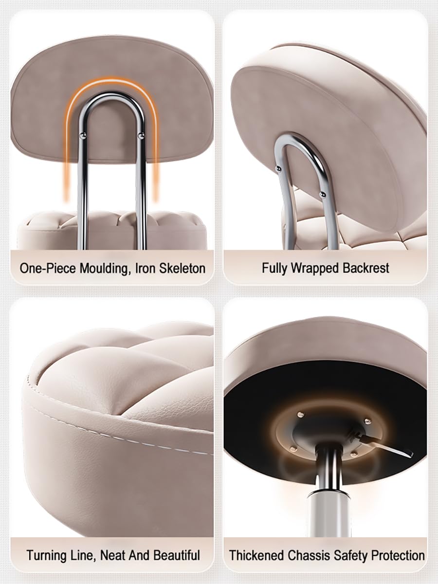 Round Rolling Stool with Back Support, Heavy Duty PU Leather Height Adjustable Swivel Stool Chair