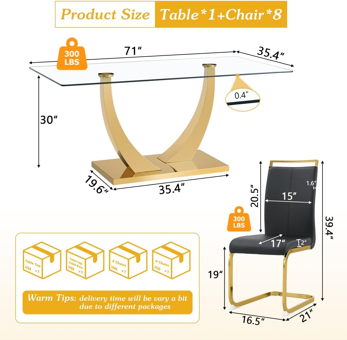 Glass Dining Table Set for 8, Dining Table Set for 8, 71" Dining Table with 8 Chairs Set 8 for Home