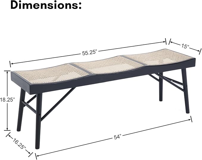 Solid Wood Entryway Bench, 55.25” Wide Natural Cane Seat Long Bench