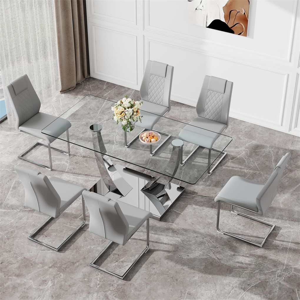 Glass Dining Table Set for 6, 71''Tempered Glass Tabletop and Stainless Steel U-shaped Leg and Base