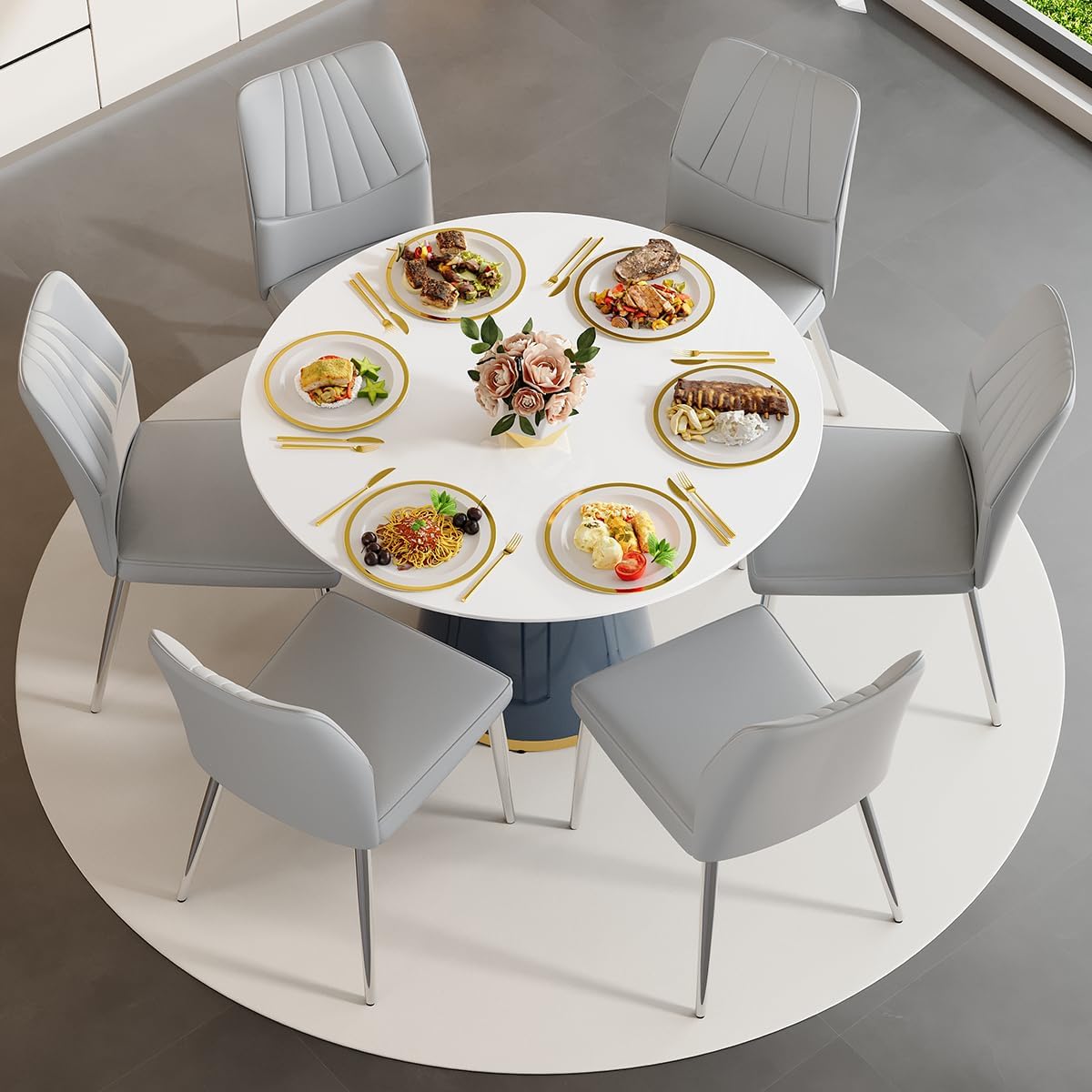 45'' Round Dining Table Set for 6, White Round Dining Table Set for 6
