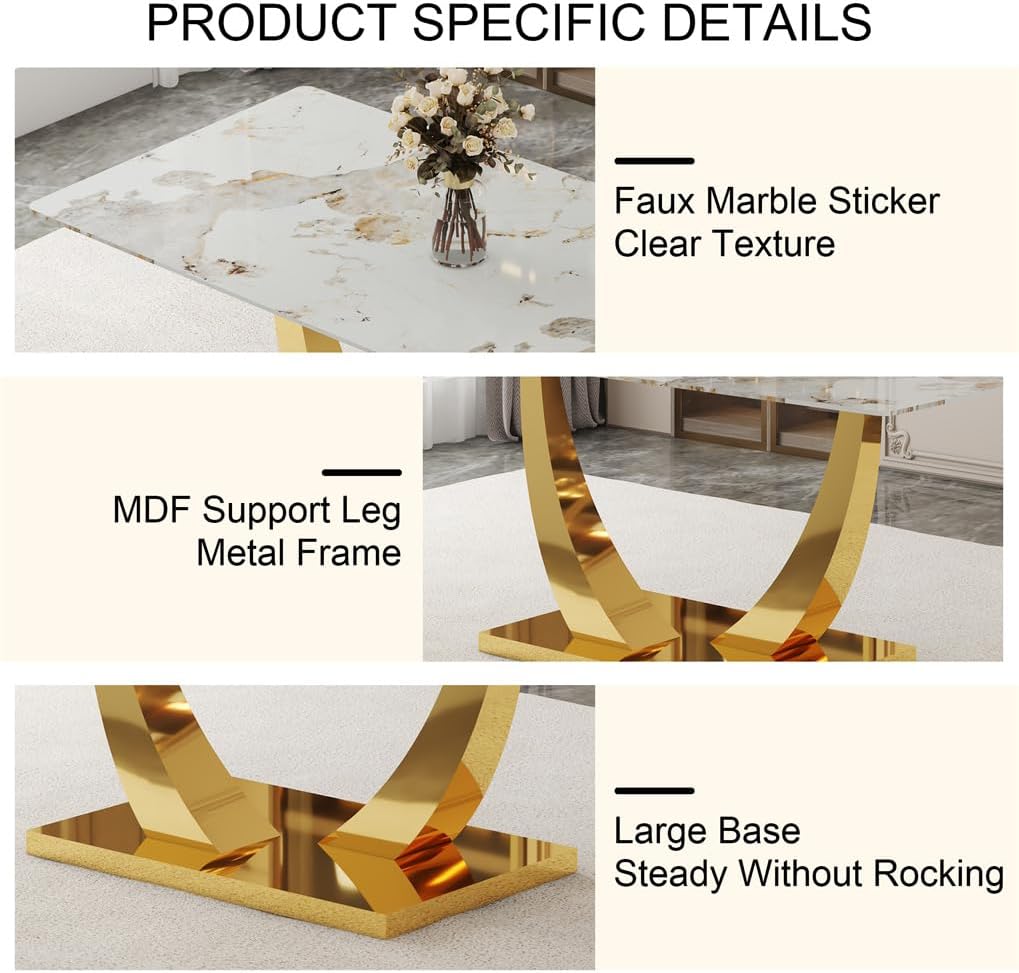 Dining Table Set for 6, 7 Pieces Rectangle Faux Marble Dining Table Set & 6 PU Upholstered Chairs